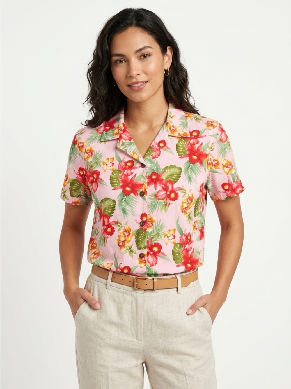 Hanauma Bay Originals Hawaiian Shirt Floral Orchid Cotton Pink L